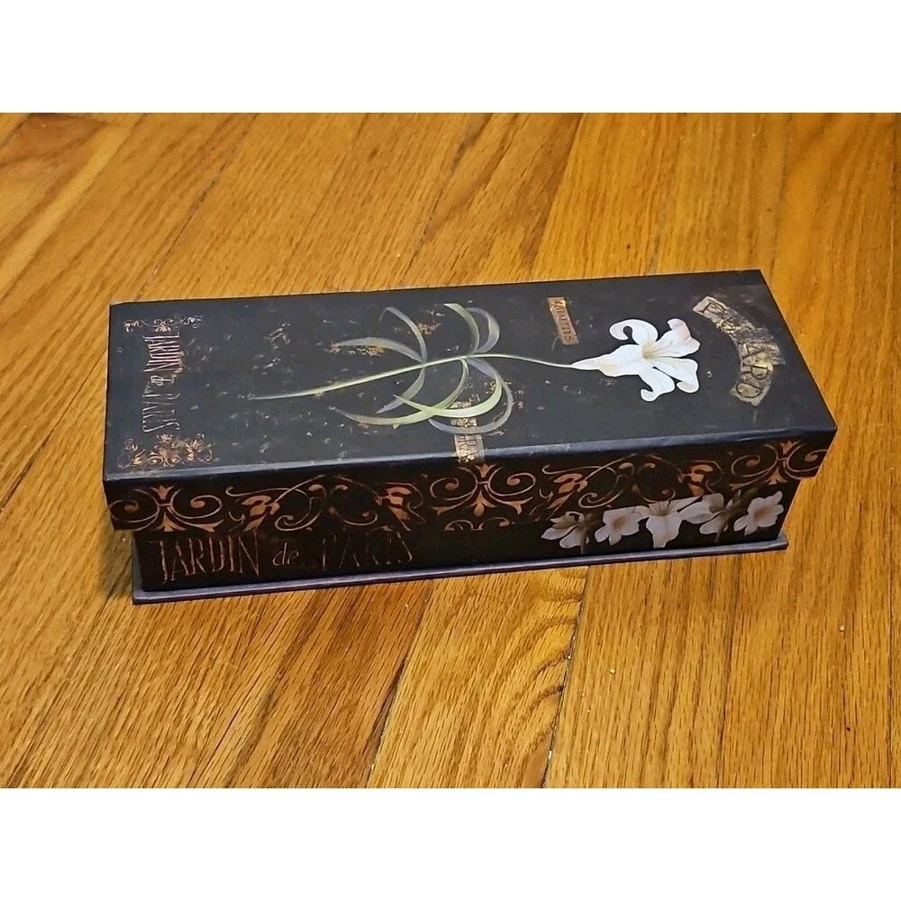 Elegant Storage Box Black Jardin De Paris With White Lilies apprx 10.5x3.75x2.75